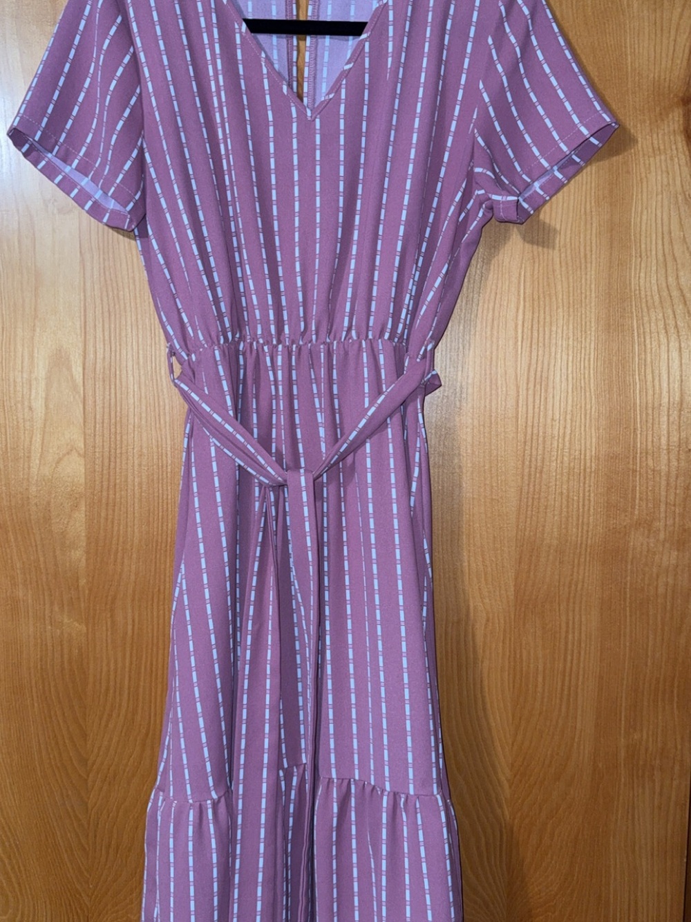 Mauve Striped V-Neck Midi Dress with Tie Waist